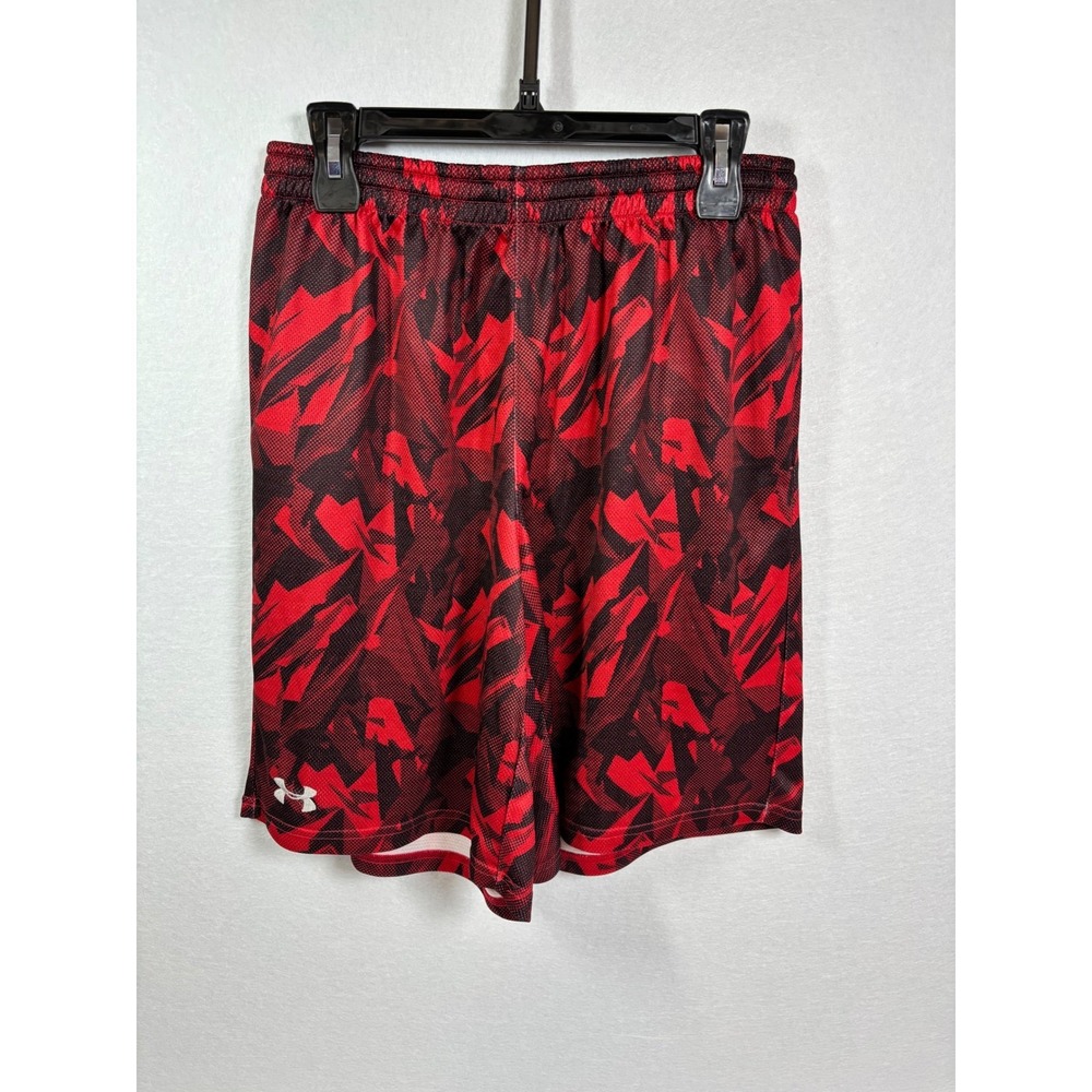 Under Armour Mens Red Black Geometric Print Mesh Athletic Basketball Shorts MD